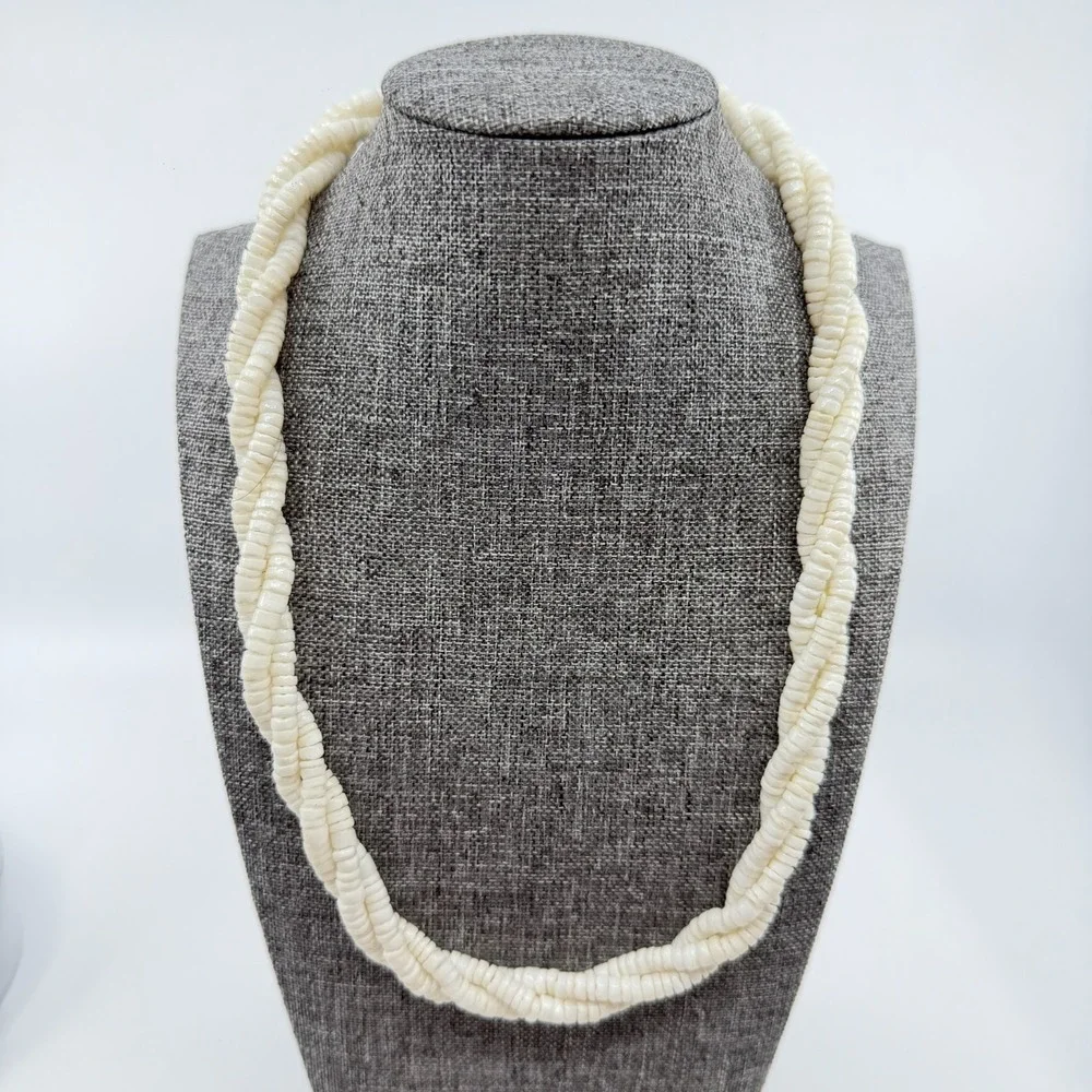 White Puka Shell Heishi Bead Necklace Triple Strand Twisted Boho Coastal Beach